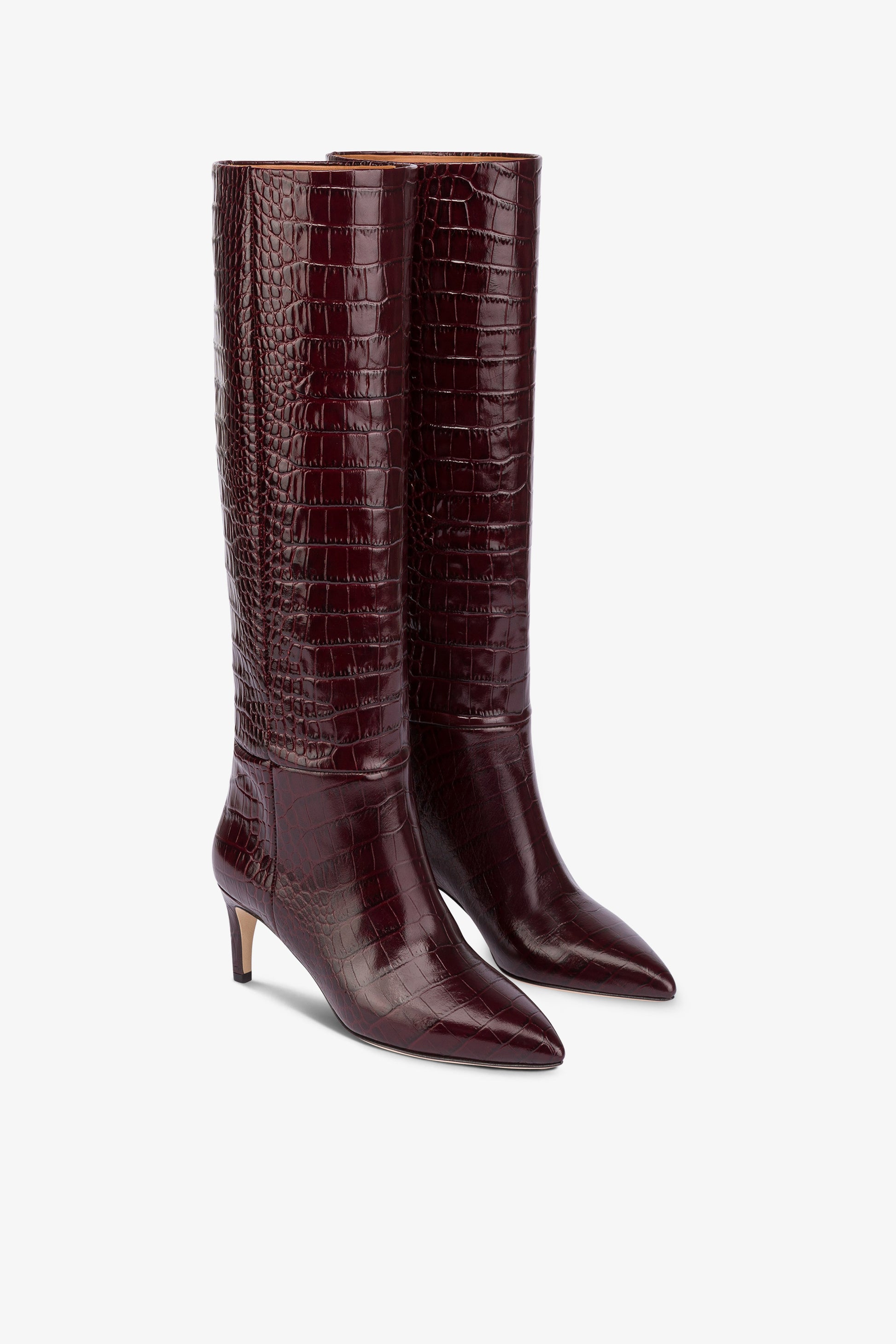 Pointed knee-high boots in rouge noir soft croco-embossed leather