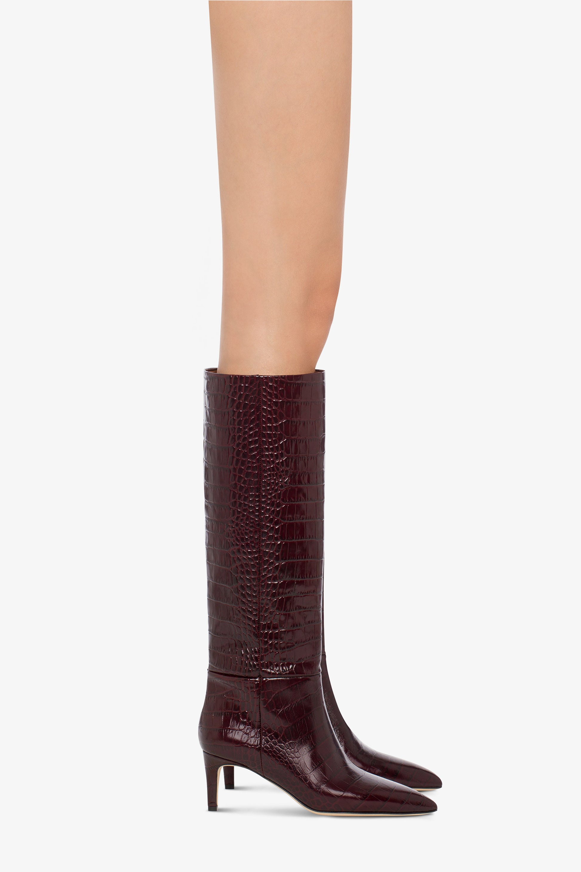 Pointed knee-high boots in rouge noir soft croco-embossed leather - Indossato