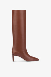 Pointed knee-high boots in smooth chocolate leather