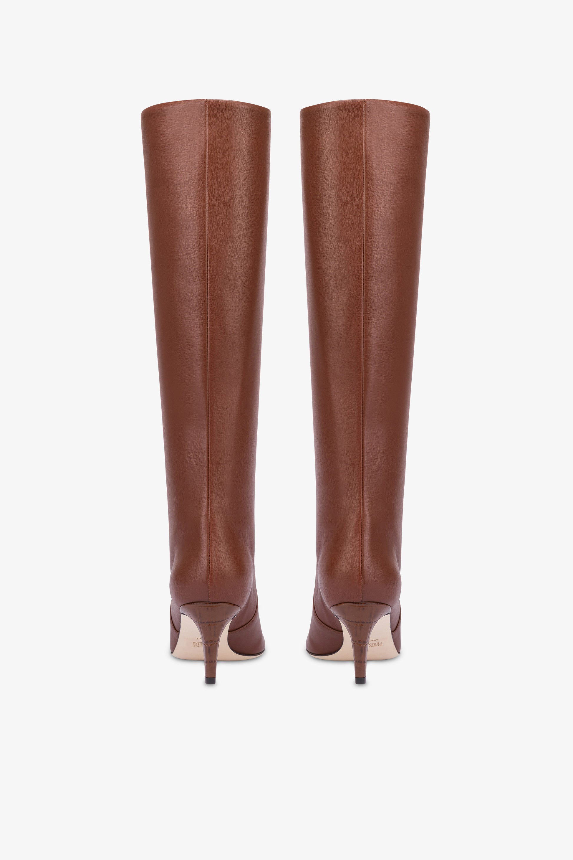 Pointed knee-high boots in smooth chocolate leather