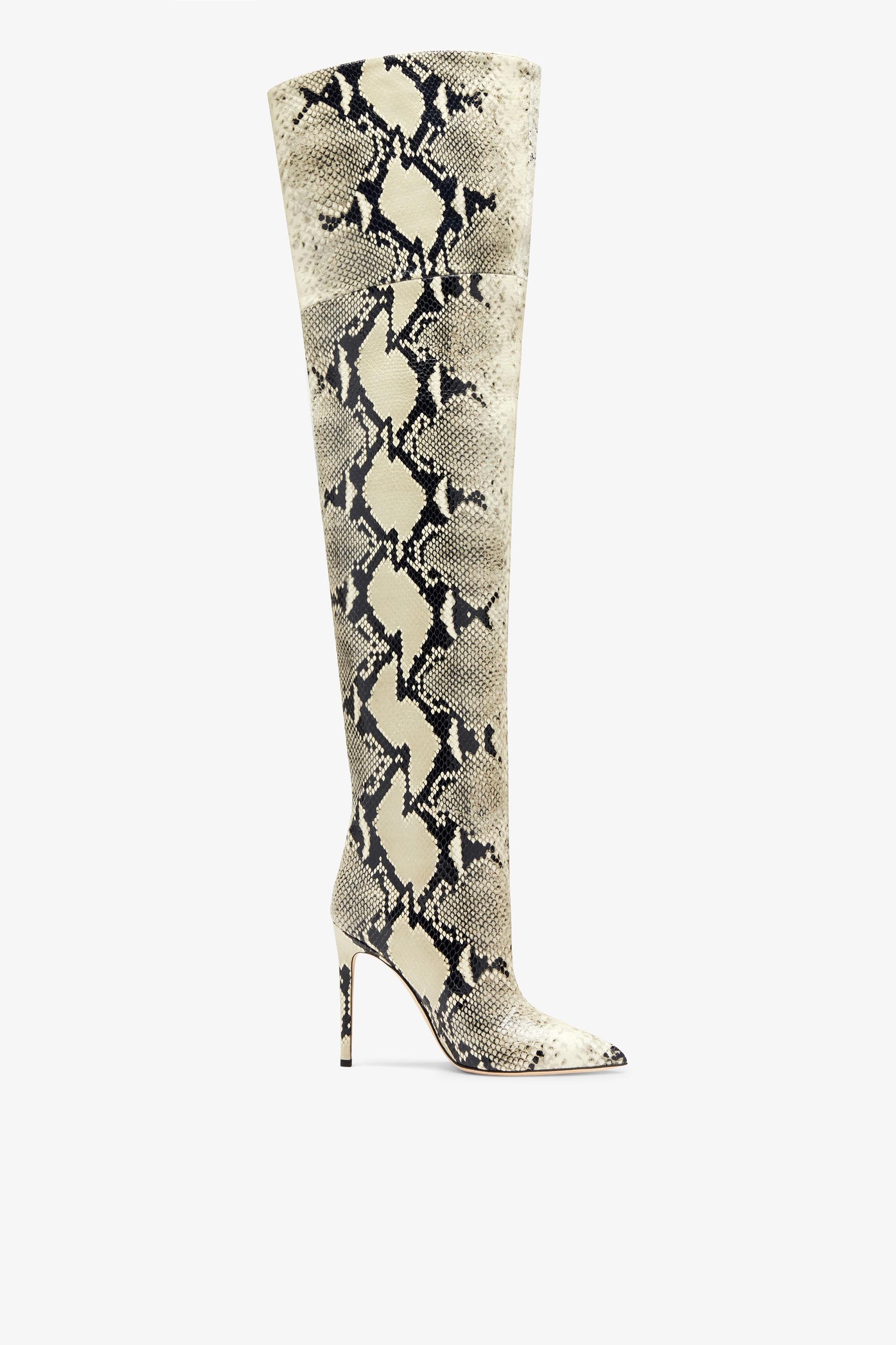 Printed phyton leather stiletto over the knee boots