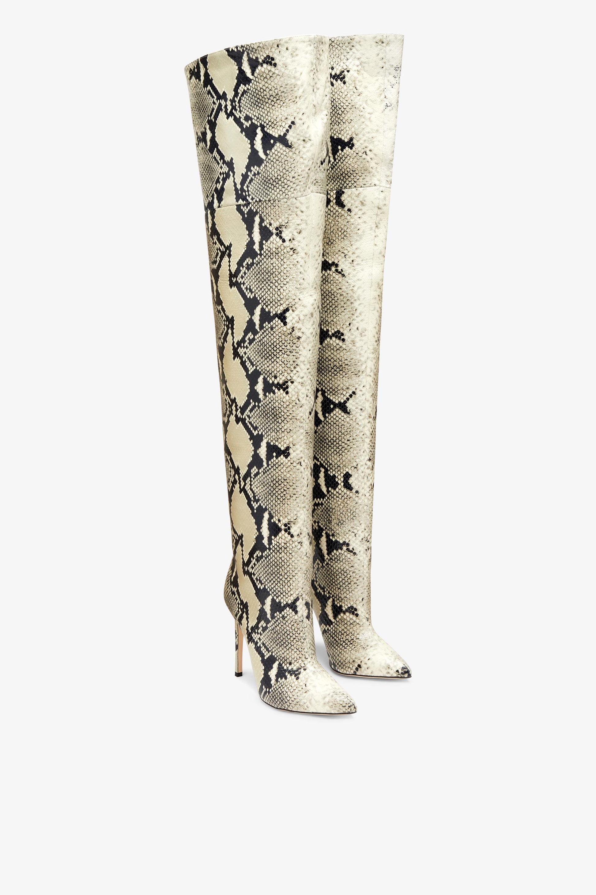 Overknee-Stiletto-Stiefel aus bedrucktem Leder in Python-Optik
