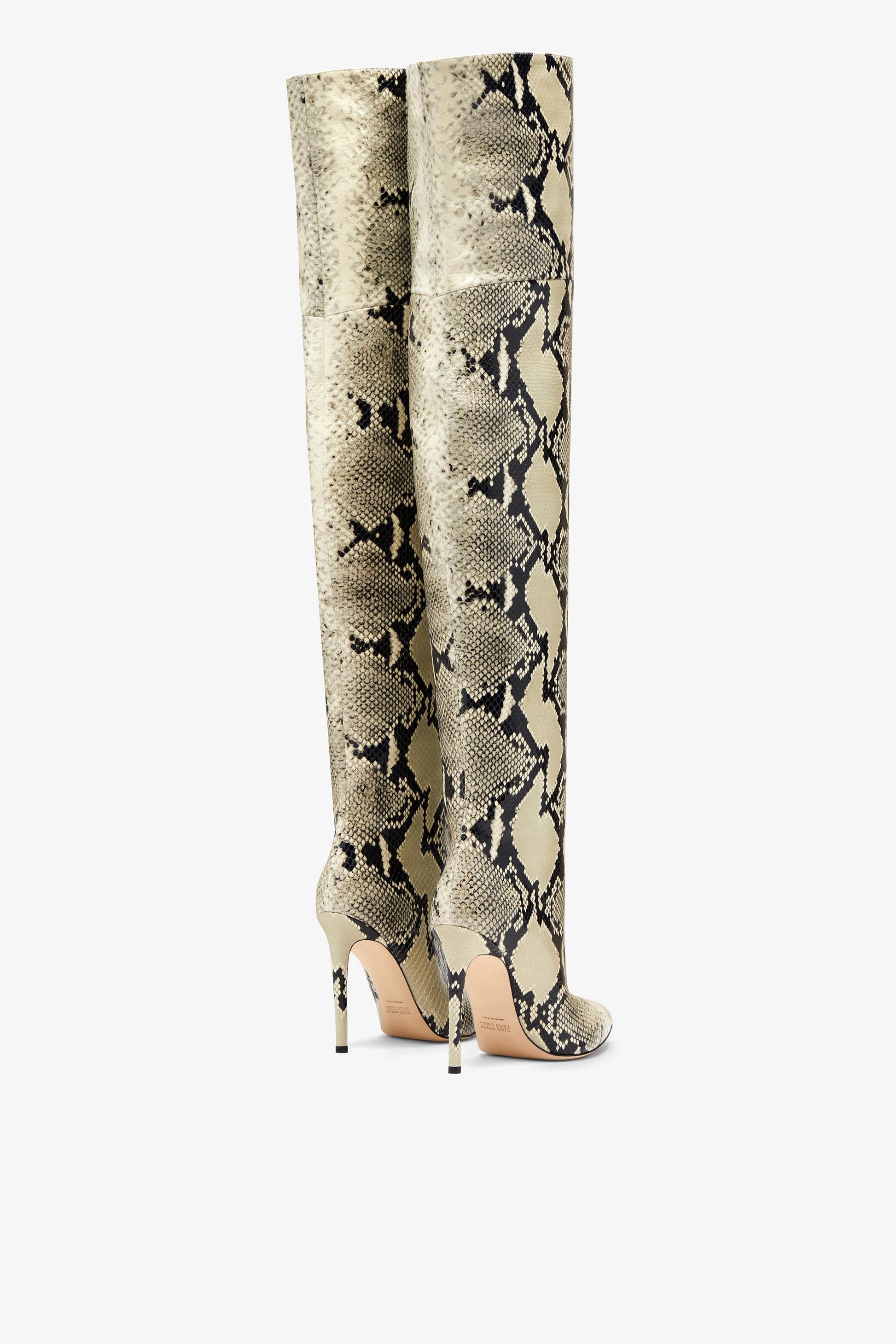 Printed phyton leather stiletto over the knee boots