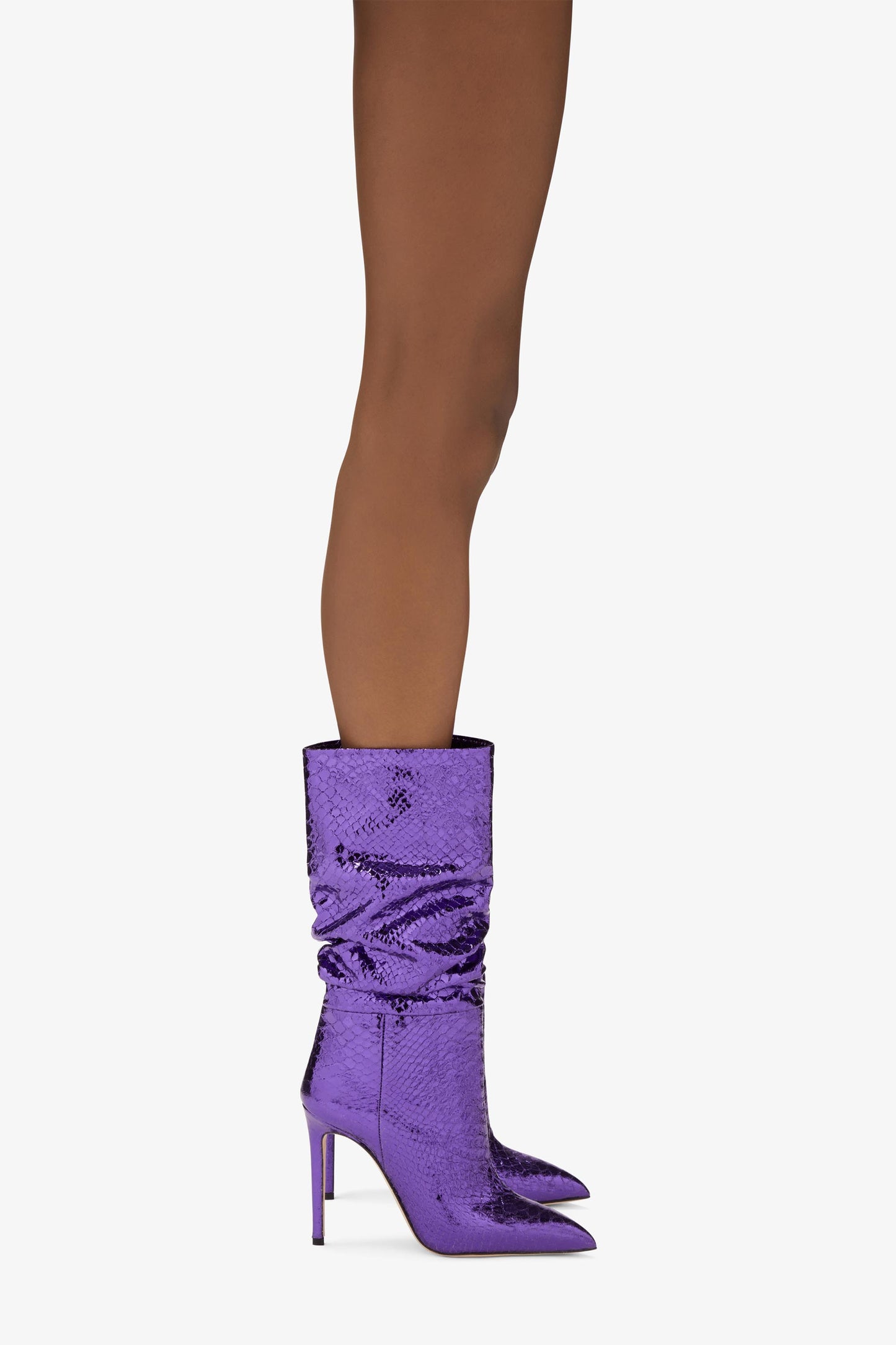 Purple printed snakeskin metallic leather slouchy boots