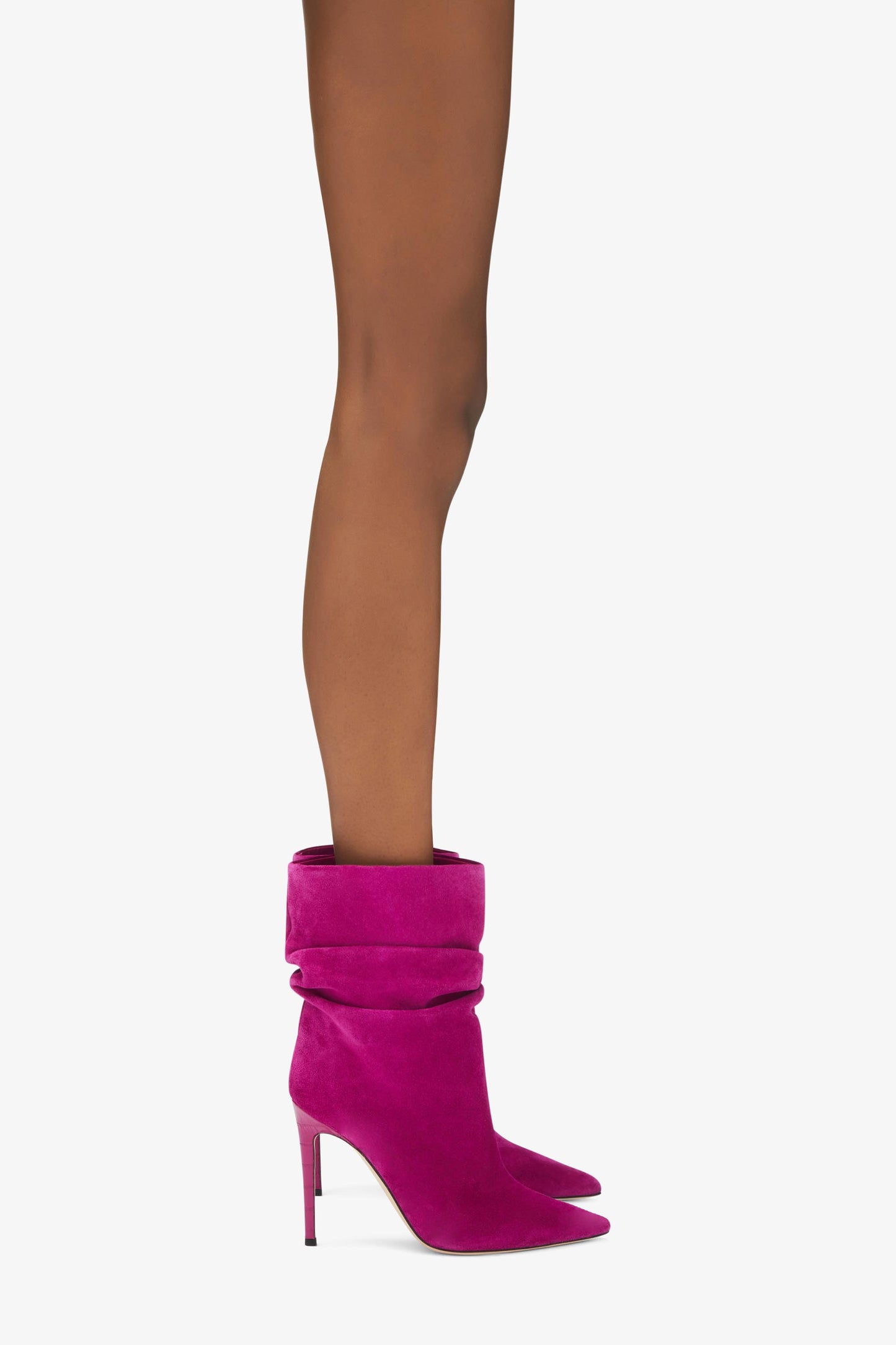 Fuchsia calf suede slouchy ankle boots