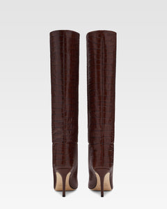 Schokoladenbraune Lederstiefel in Kroko-Optik mit 85 mm-Absatz