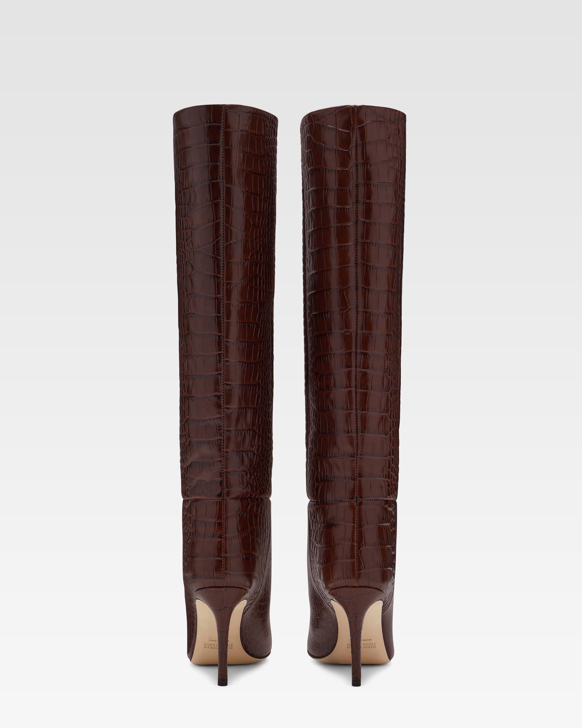 Schokoladenbraune Lederstiefel in Kroko-Optik mit 85 mm-Absatz