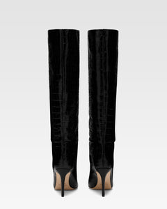 Schwarze Lederstiefel in Kroko-Optik mit 85 mm-Absatz