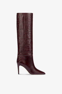 Pointed knee-high boots in rouge noir soft croco-embossed leather