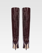 Botas hasta la rodilla de punta fina en piel suave color rouge noir efecto cocodrilo