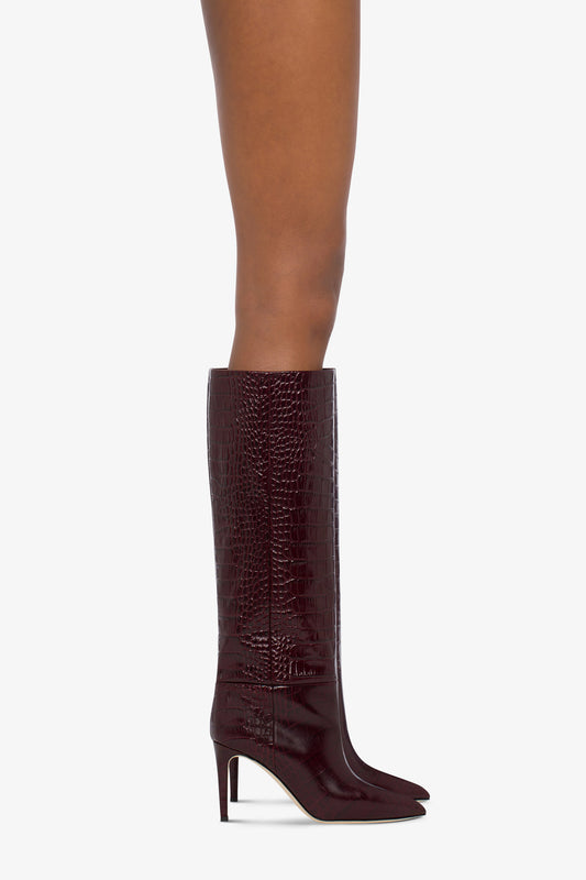 Pointed knee-high boots in rouge noir soft croco-embossed leather - Product worn