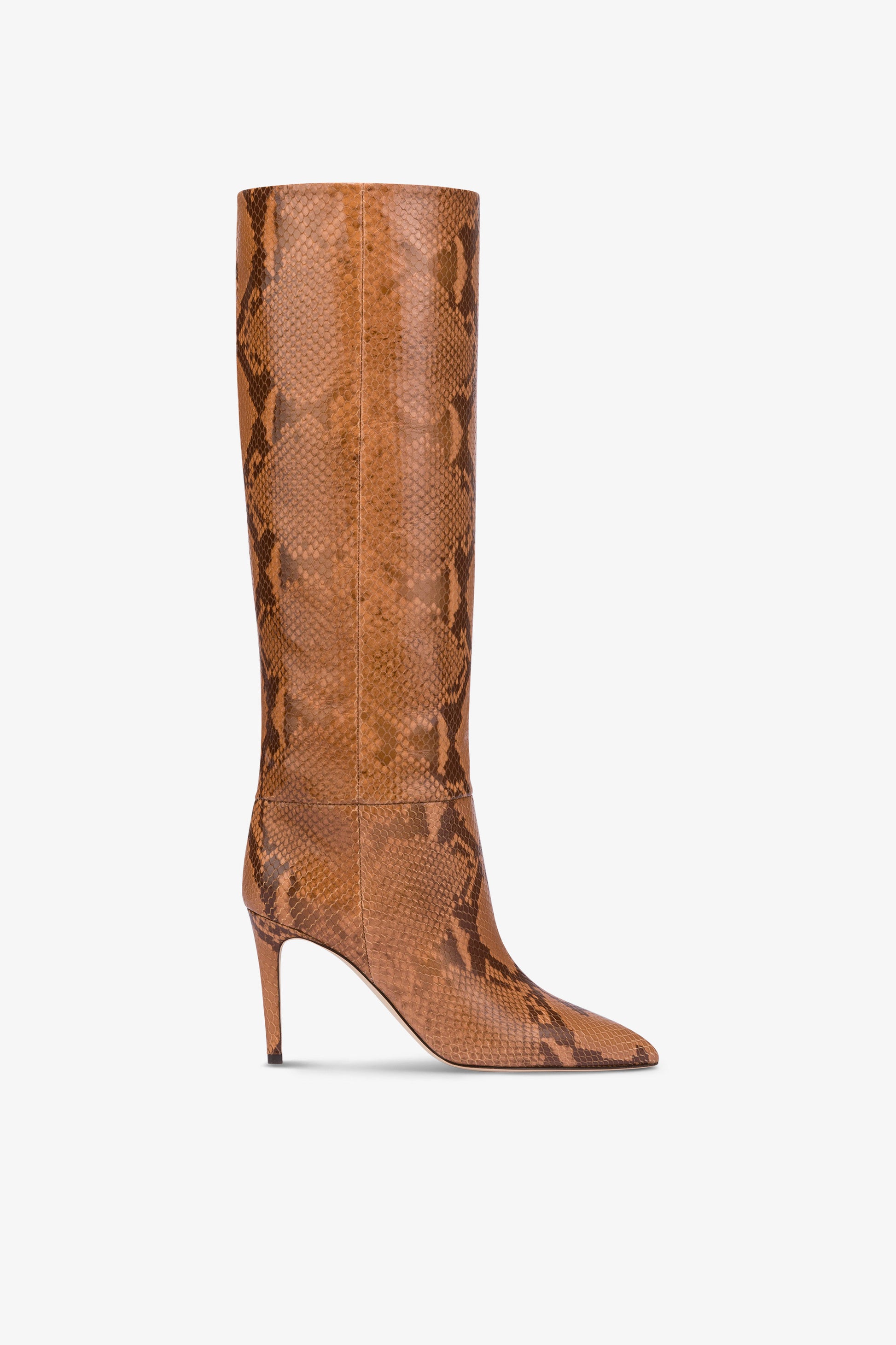 Pointed knee-high boots in canyon soft python-printed leather