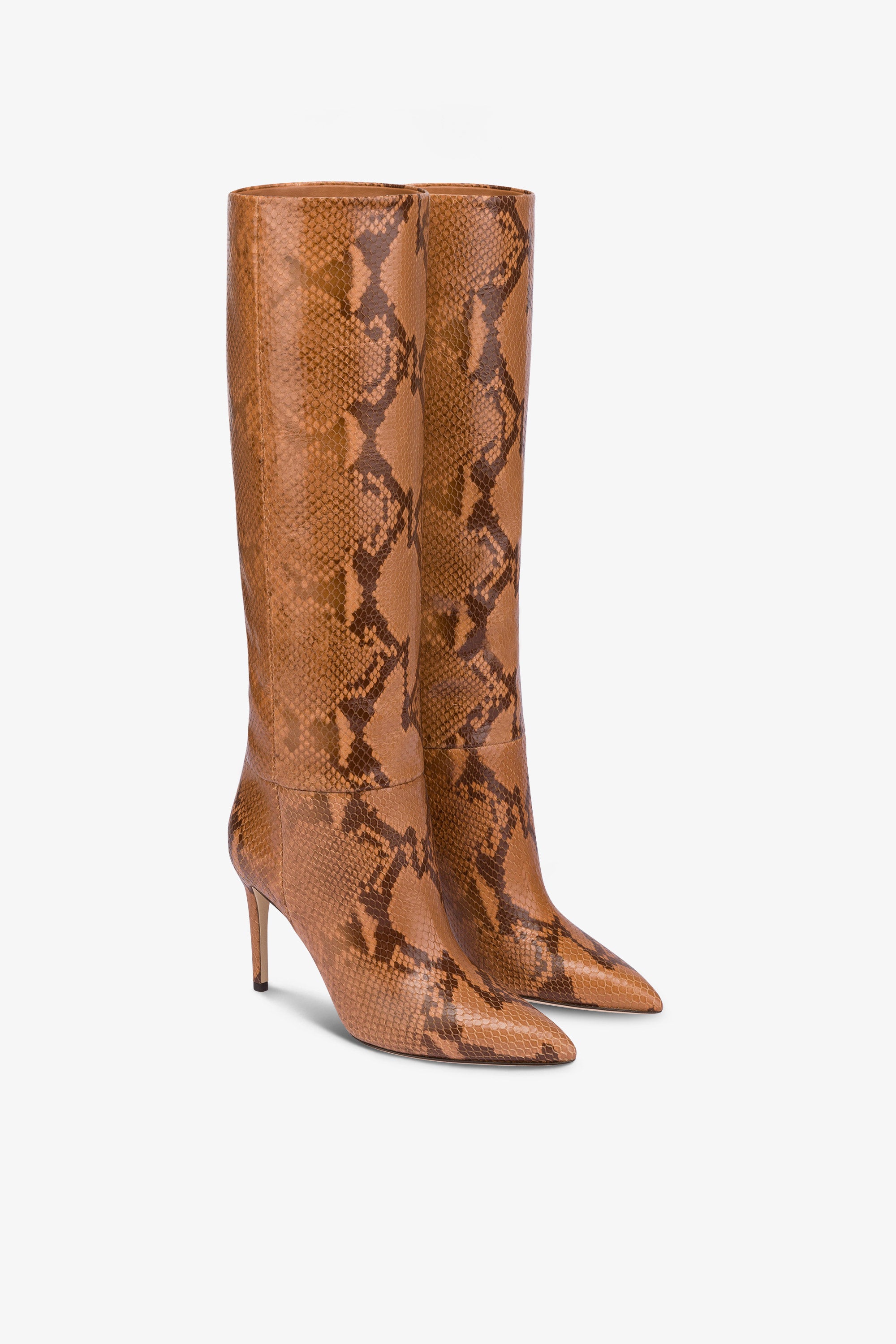 Pointed knee high boots in canyon soft python printed leather Paris Texas