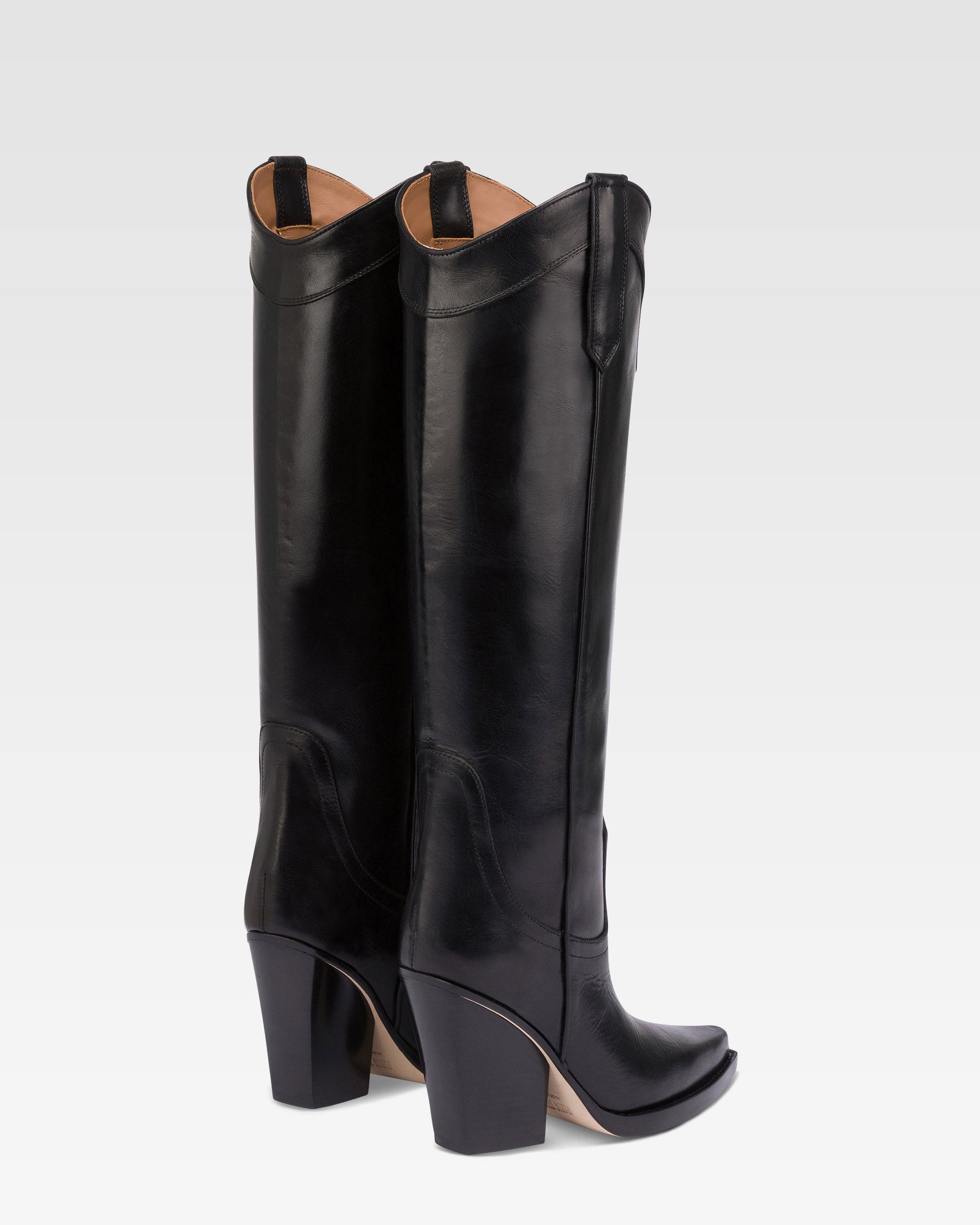 Bottes pointues a hauteur du genou en cuir vintage noir brillant