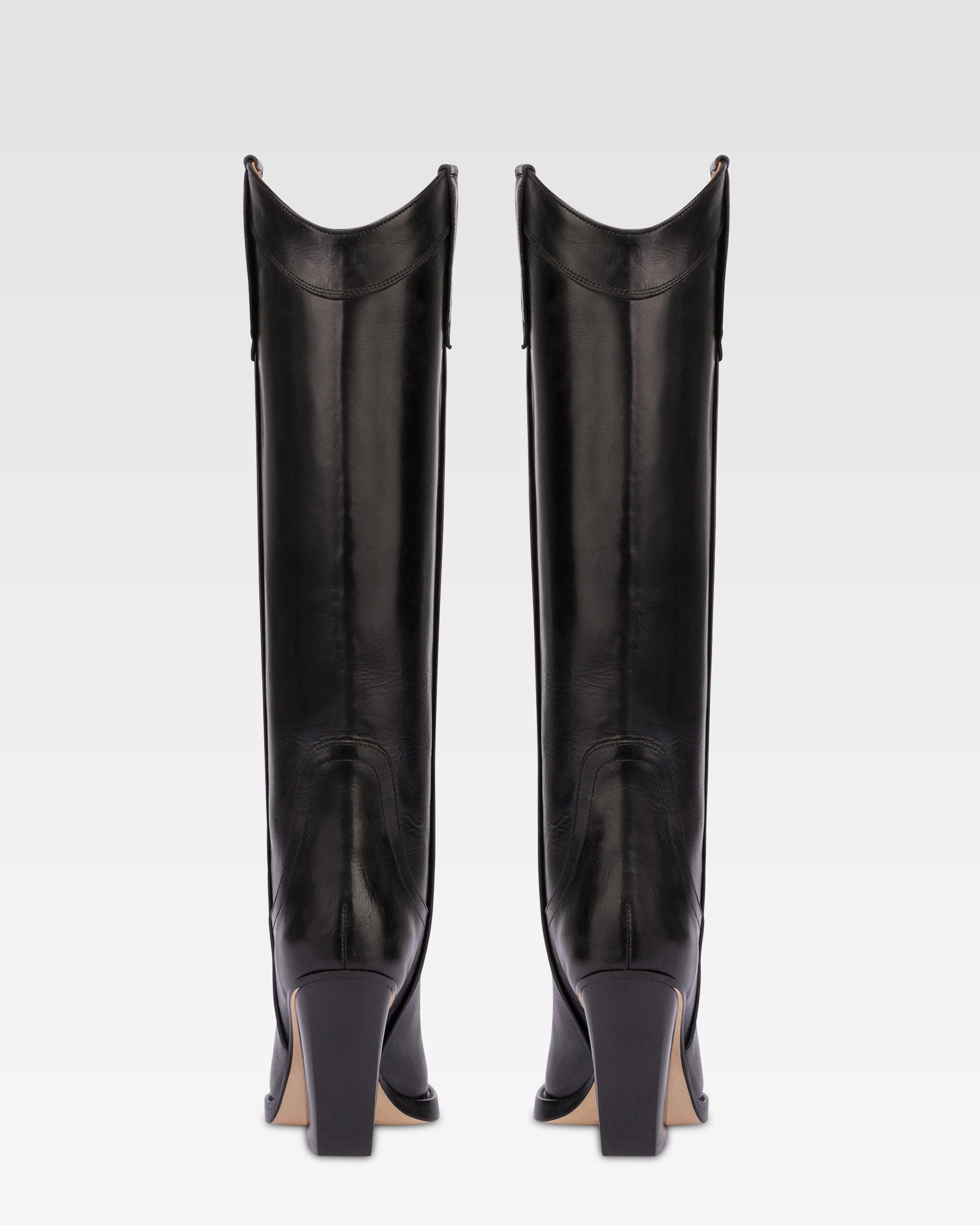 Bottes pointues a hauteur du genou en cuir vintage noir brillant