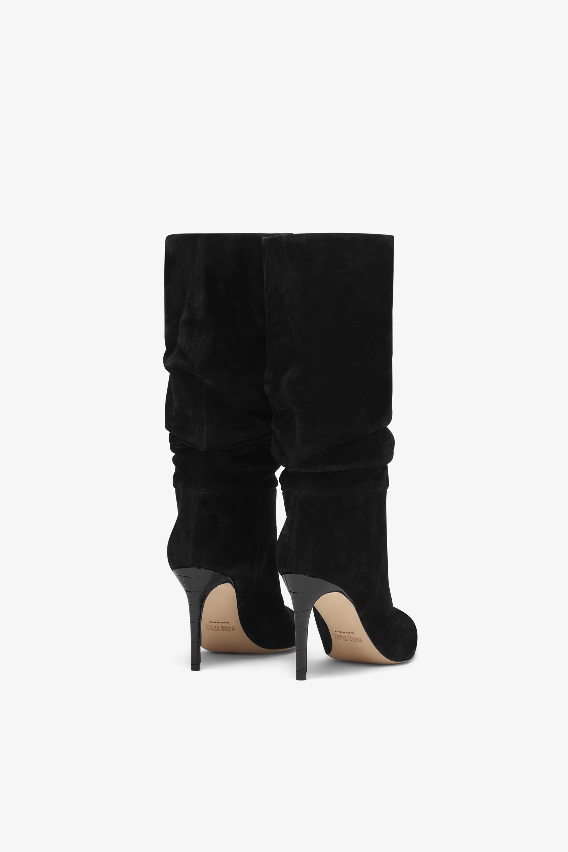 Slouchy Stiefel aus schwarzem Kalbsveloursleder mit 85 mm-Absatz