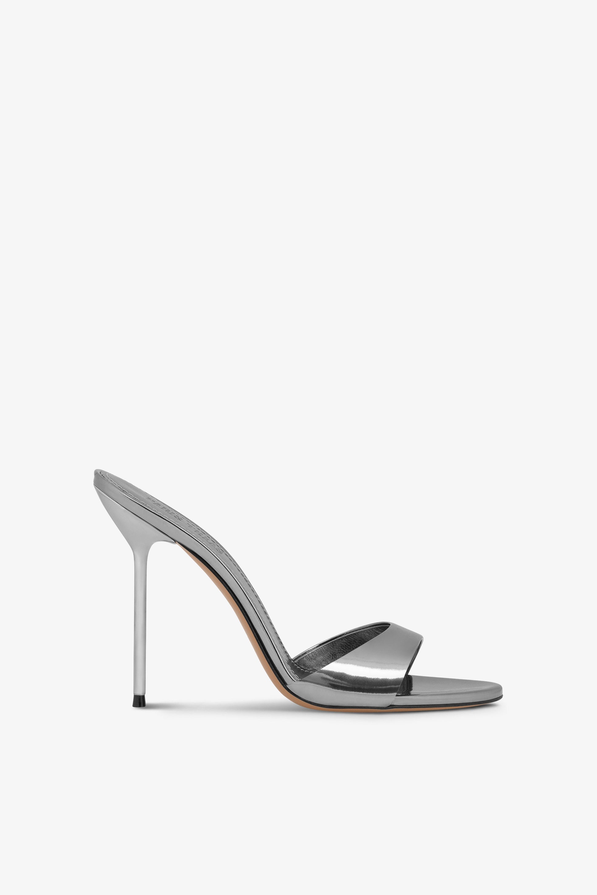 Almond-toe mules in gunmetal mirror-effect leather