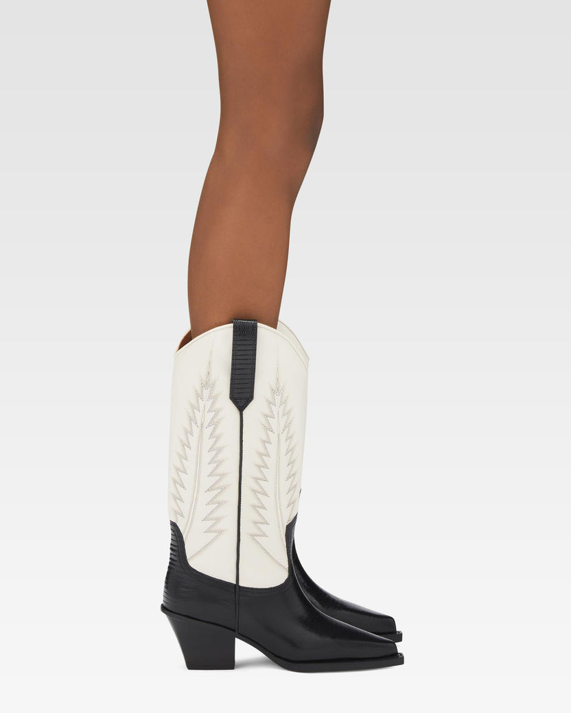 Black and white lizard-effect nappa leather boots