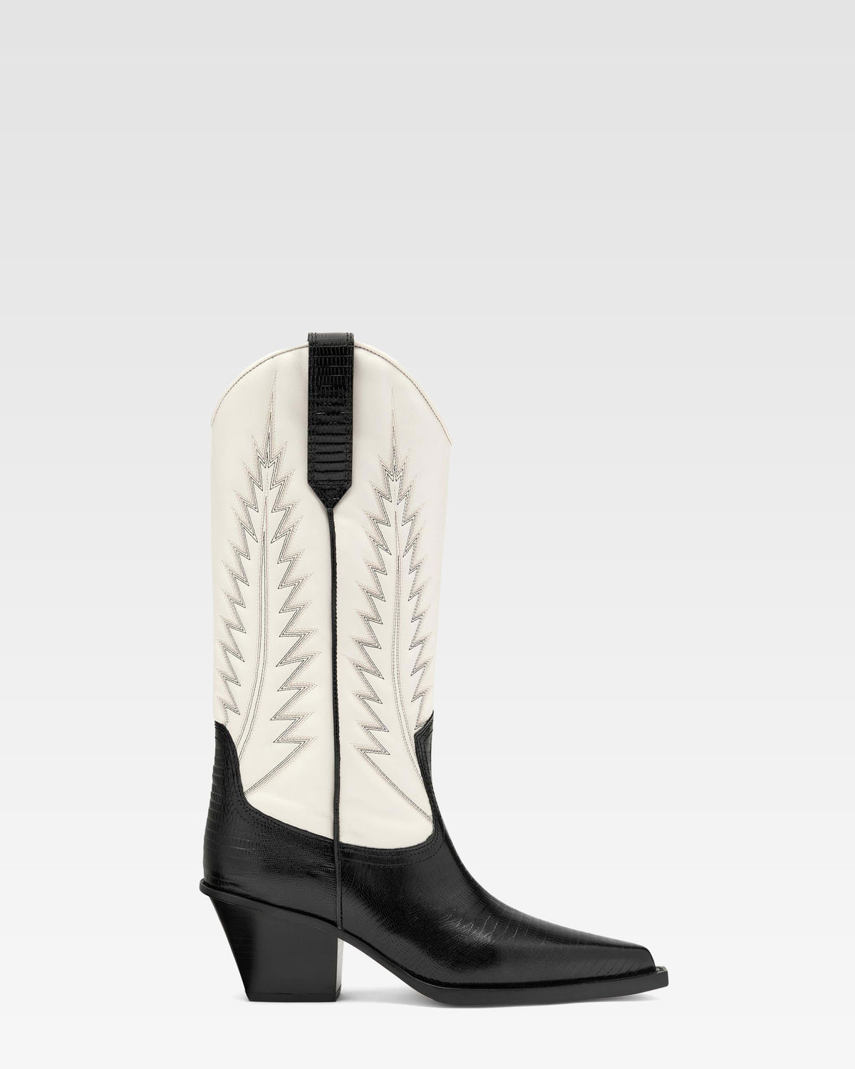 Stiefel aus schwarz-weissem Nappaleder in Eidechsen-Optik
