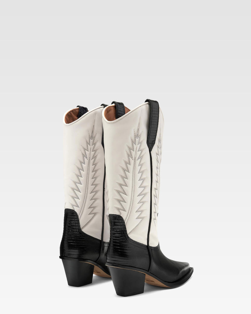 Black and white lizard-effect nappa leather boots