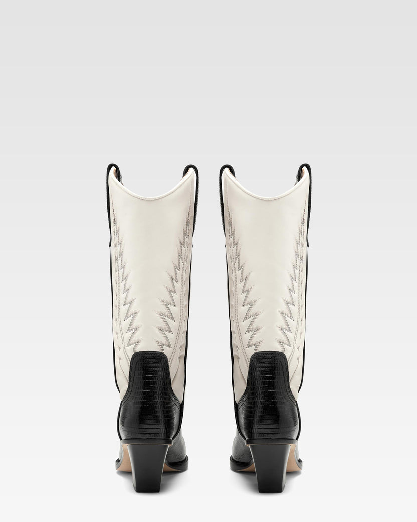 Black and white lizard-effect nappa leather boots