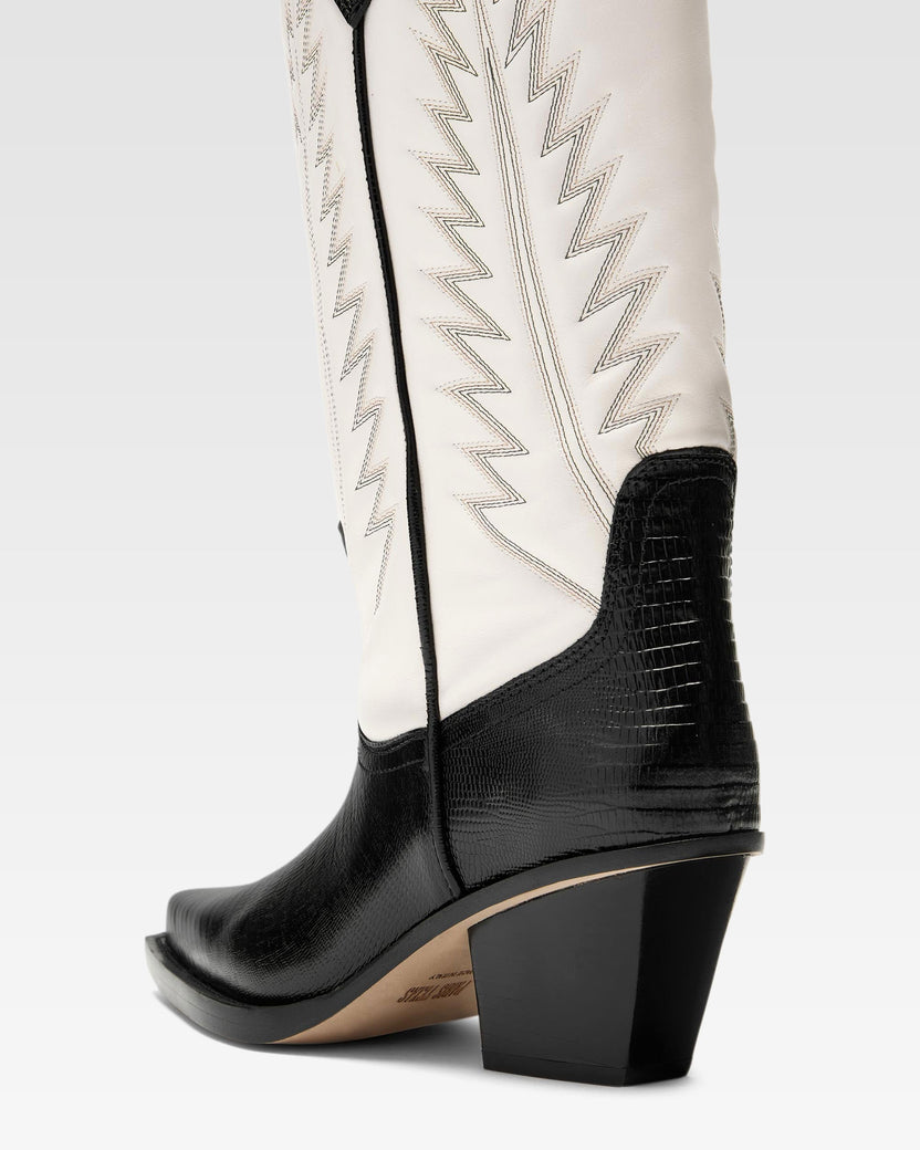 Black and white lizard-effect nappa leather boots