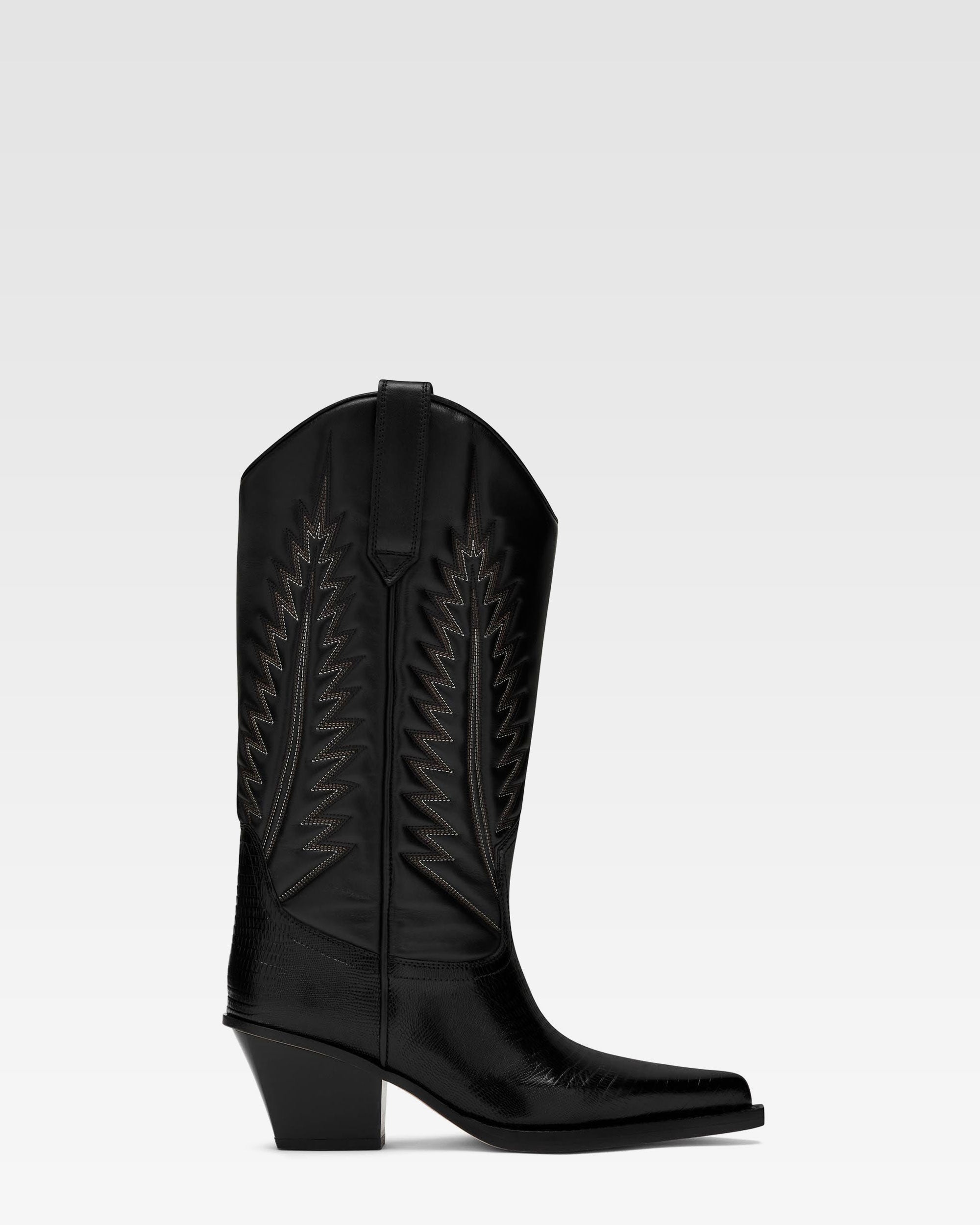 Black lizard-effect nappa leather boots