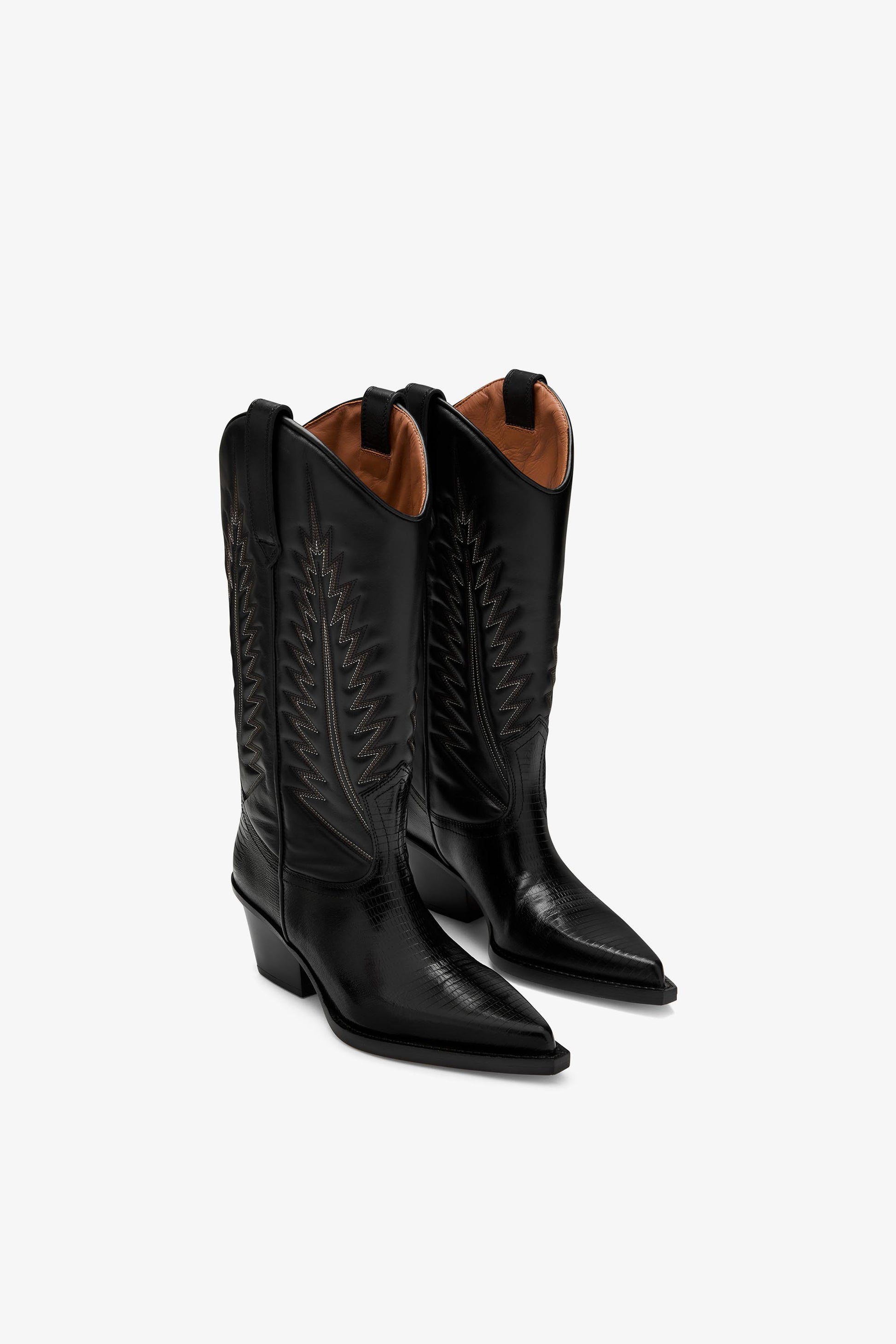 Black lizard-effect nappa leather boots