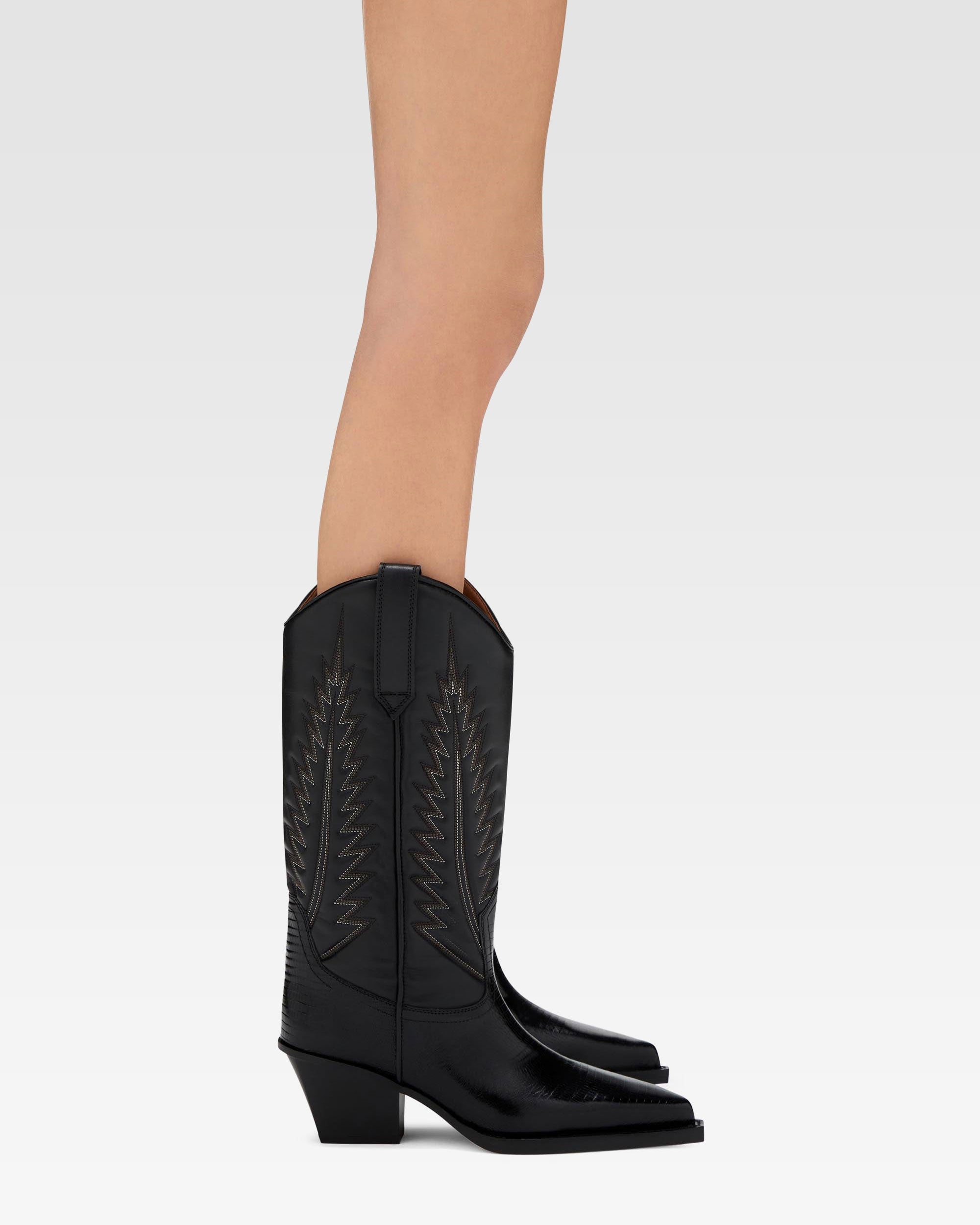 Black lizard-effect nappa leather boots