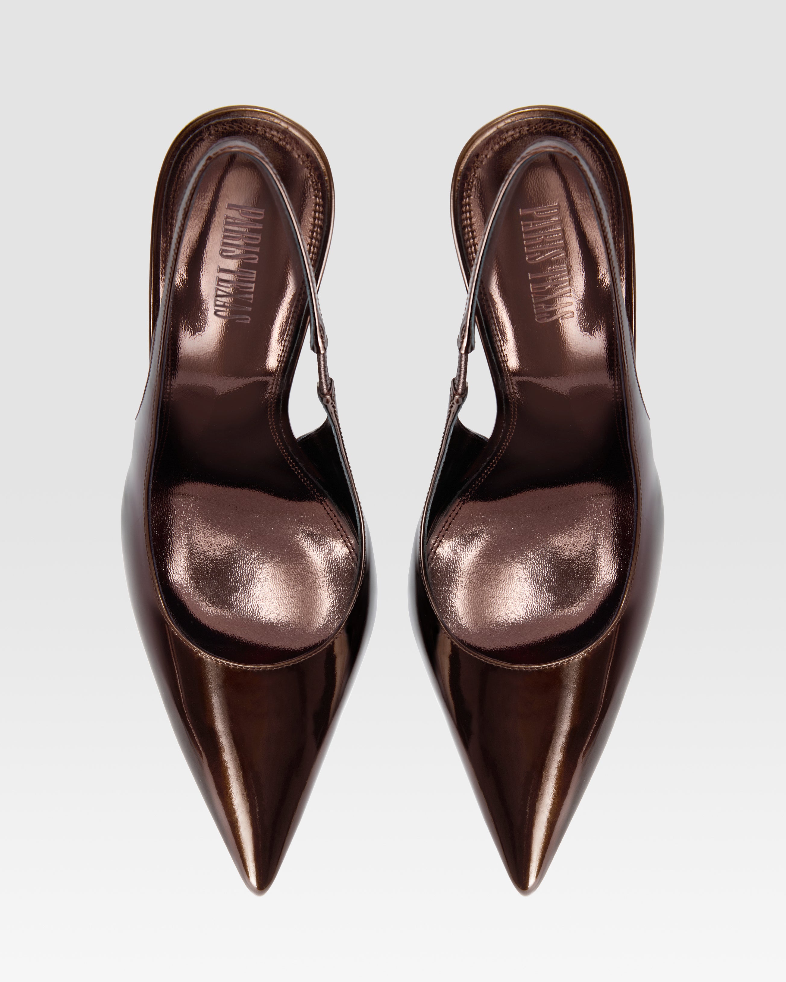 Slingbacks in ebony, mirror-effect leather