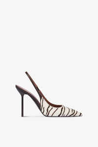 Slingbacks in white and ebony printed cowhide.