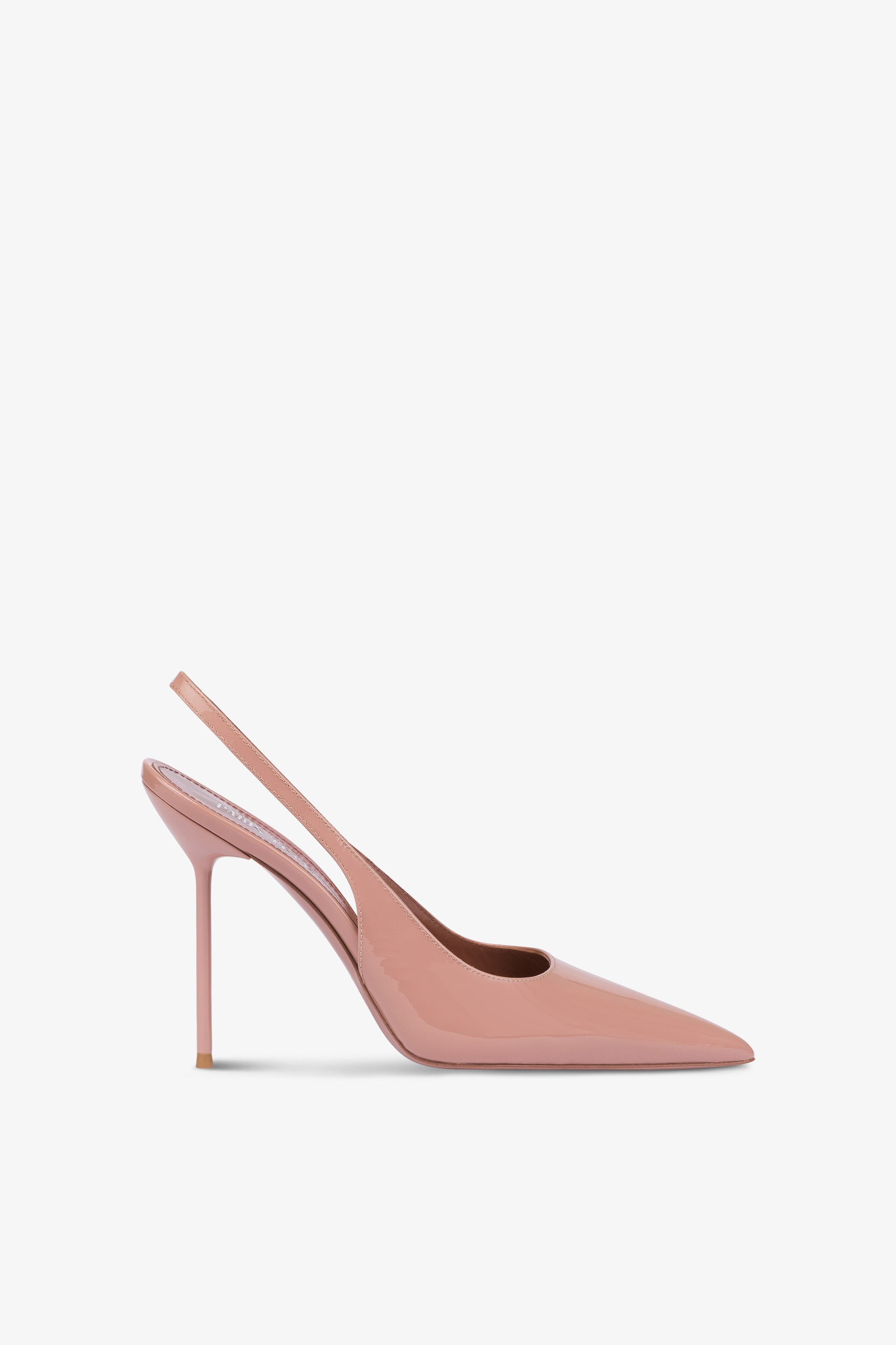 Sharp, pointed slingbacks in patent Texas pink leather