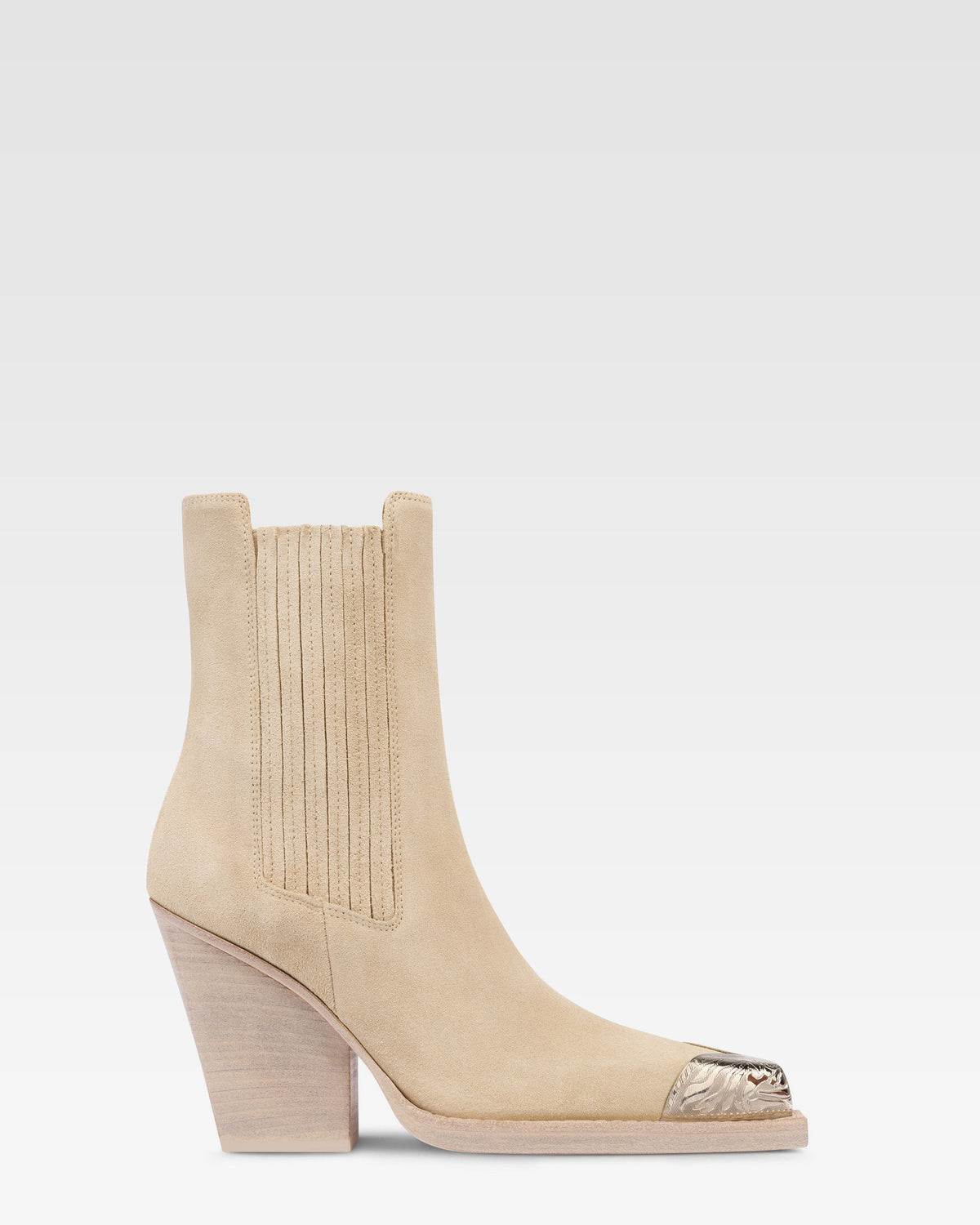 Suede texan ankle boot with metallic toe