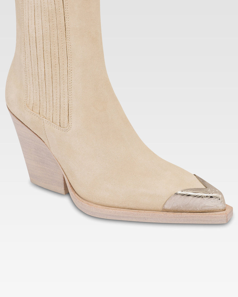 Suede texan ankle boot with metallic toe