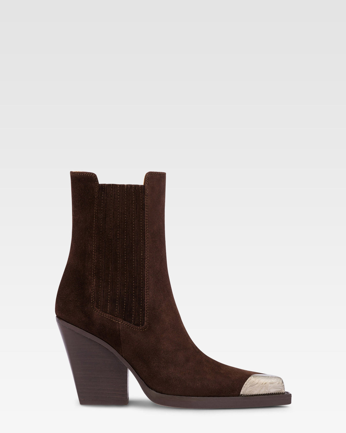 Suede texan ankle boot with metallic toe