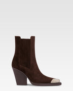 Suede texan ankle boot with metallic toe