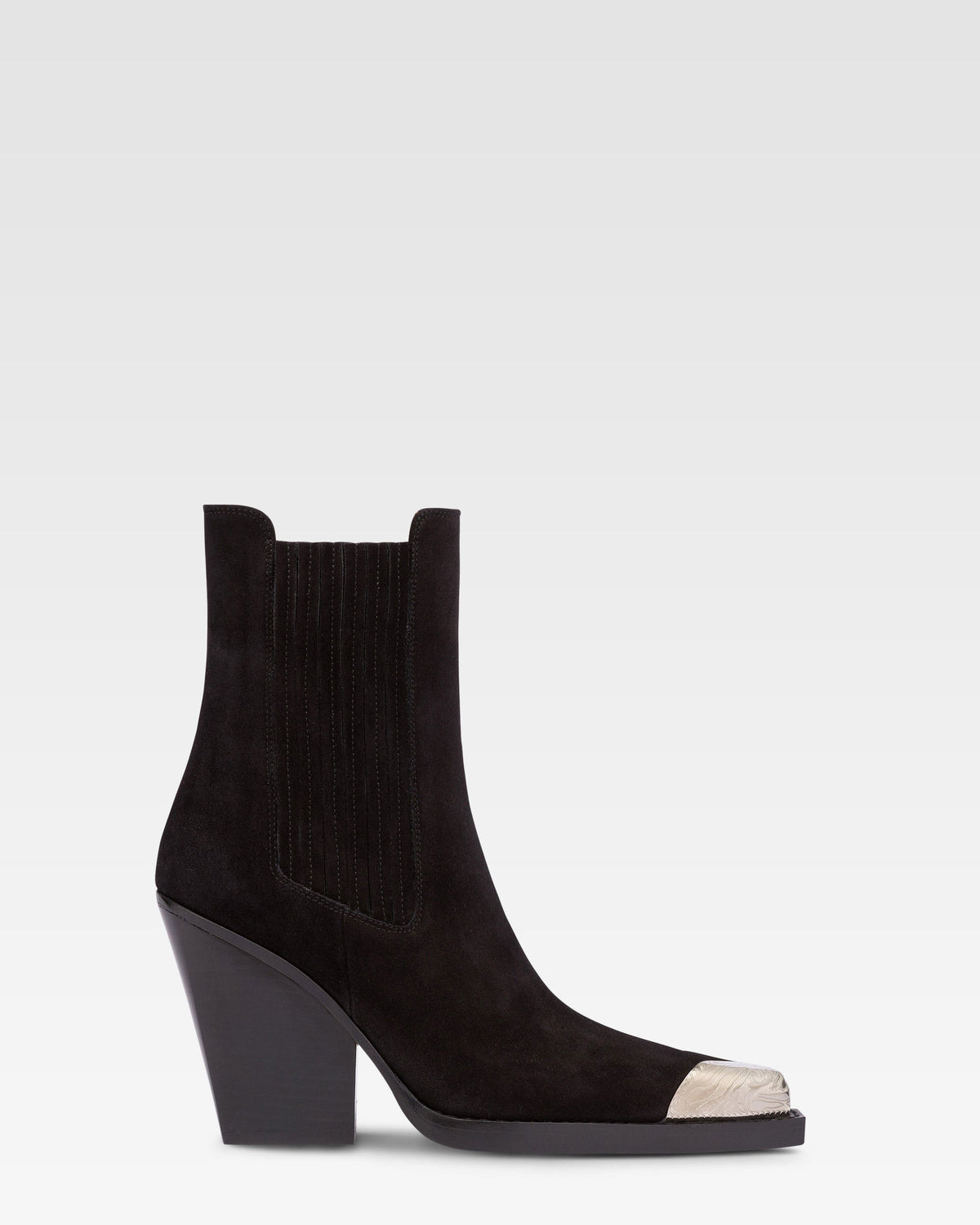 Suede texan ankle boot with metallic toe