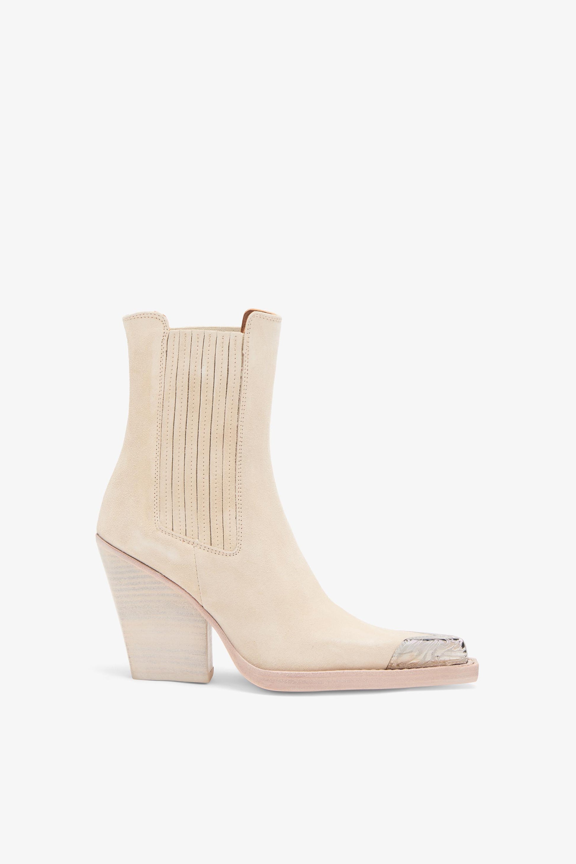 Off white calf suede ankle boots with metallic toe