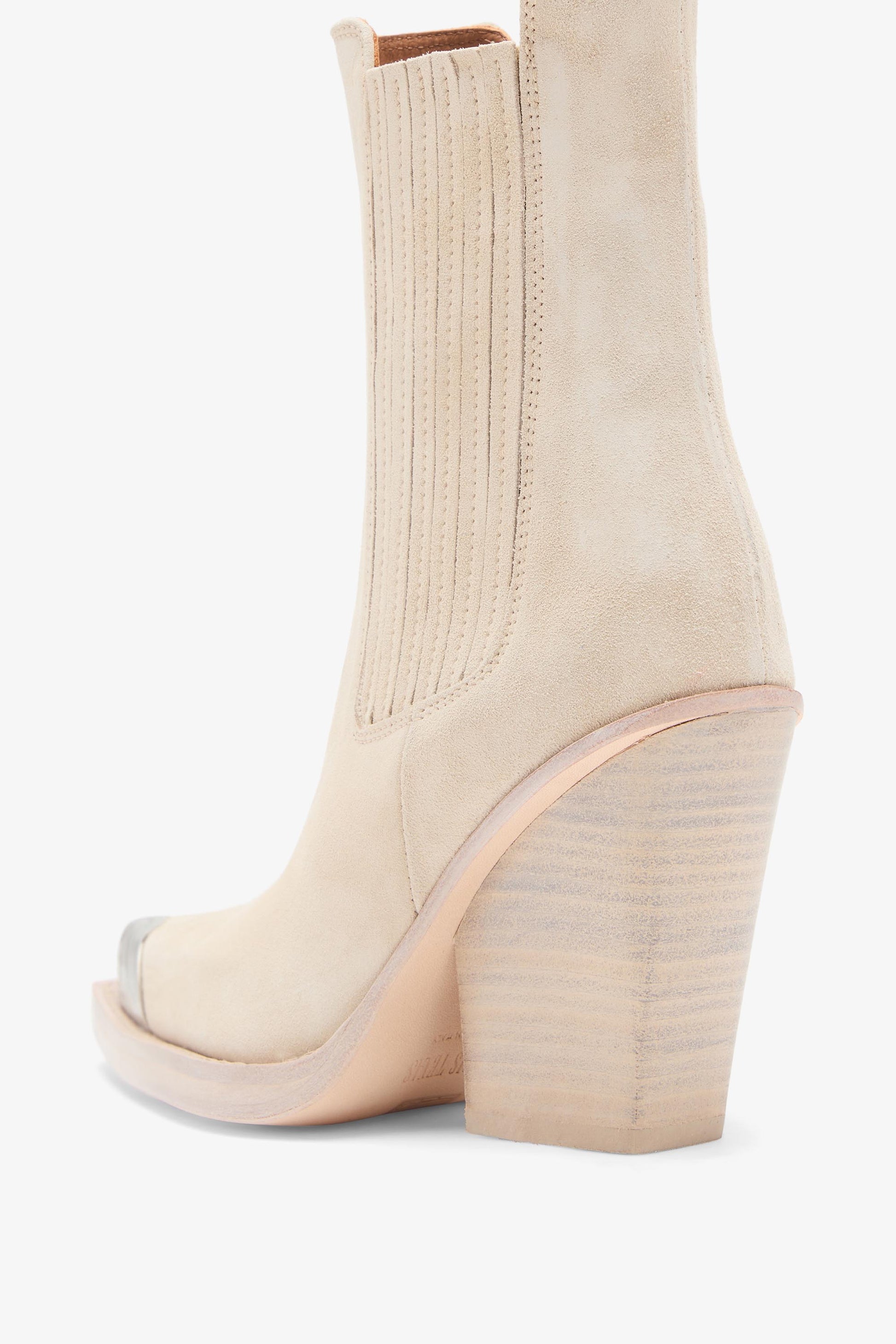 Off white calf suede ankle boots with metallic toe