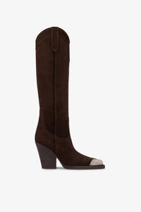 Pointed knee-high boots in smooth pepper suede leather