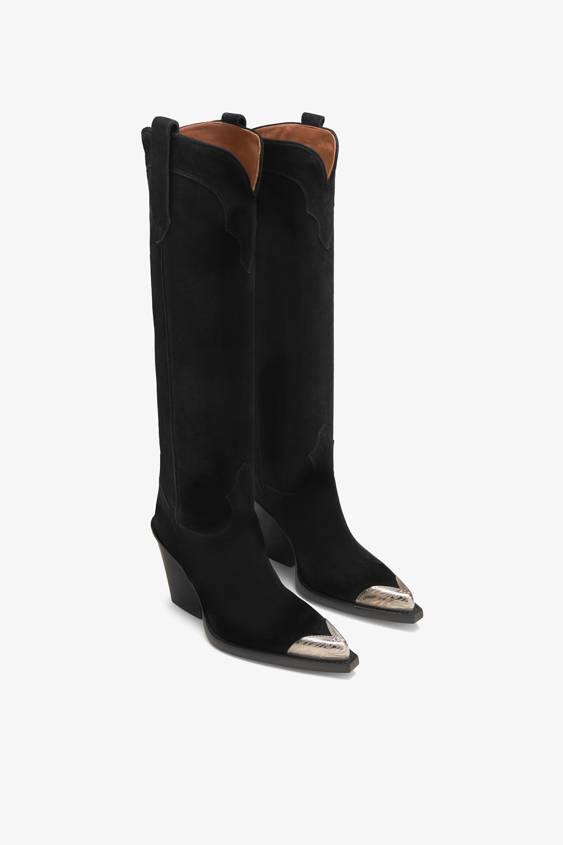 Off black calf suede boots with metallic toe