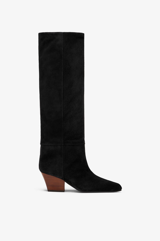 Black suede knee-high boot