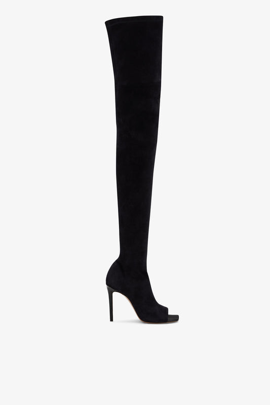 Black stretch suede thigh-high boot