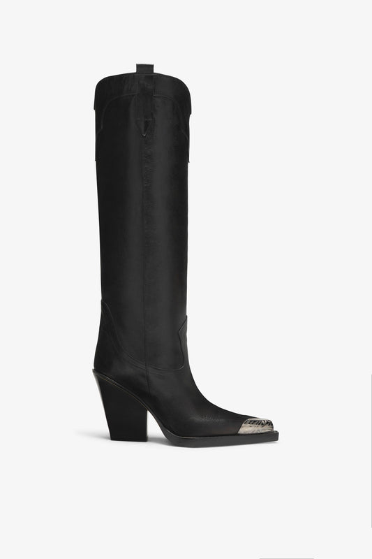 Black leather embellished toe boot