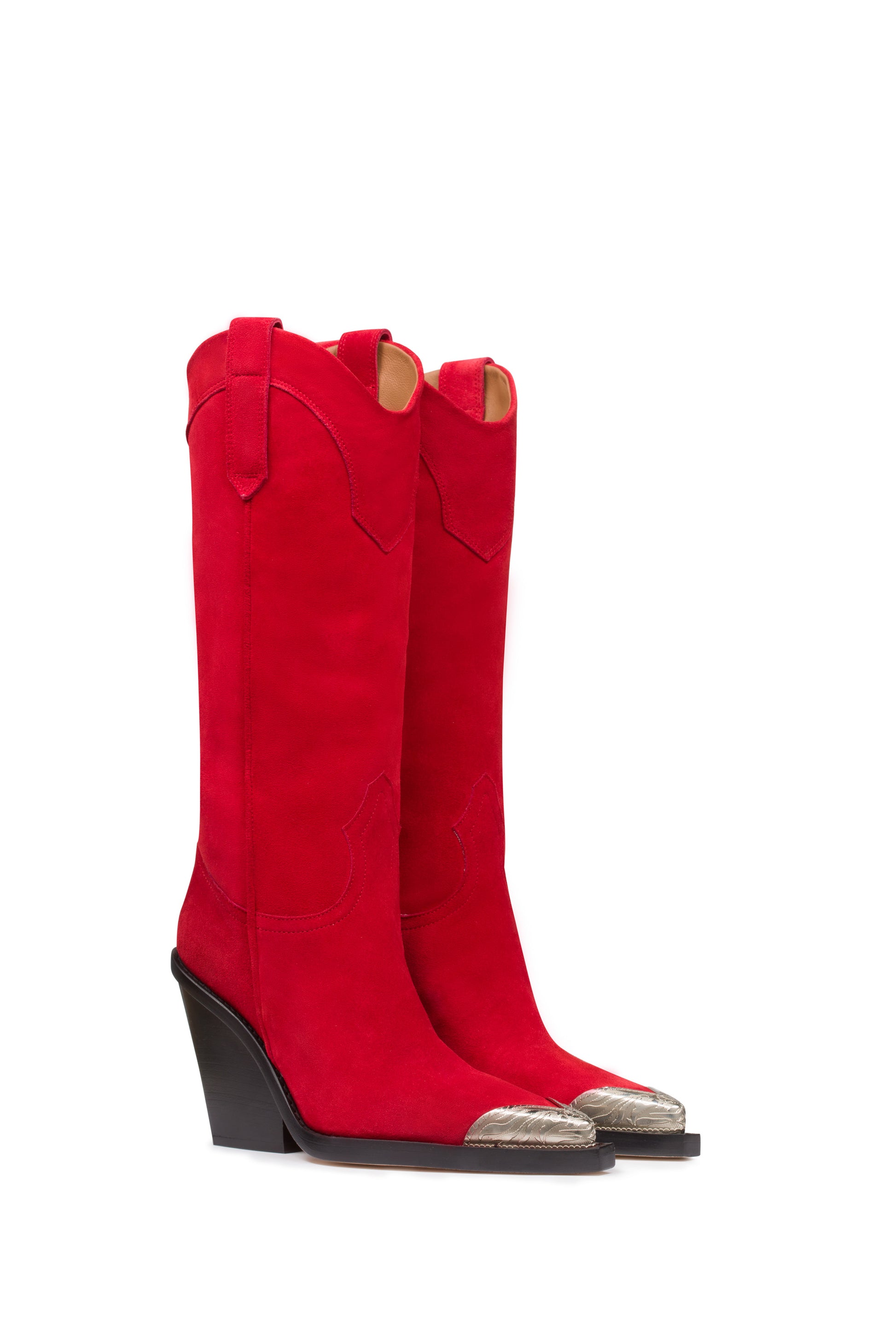 Red calf suede boots with metallic toe - Front