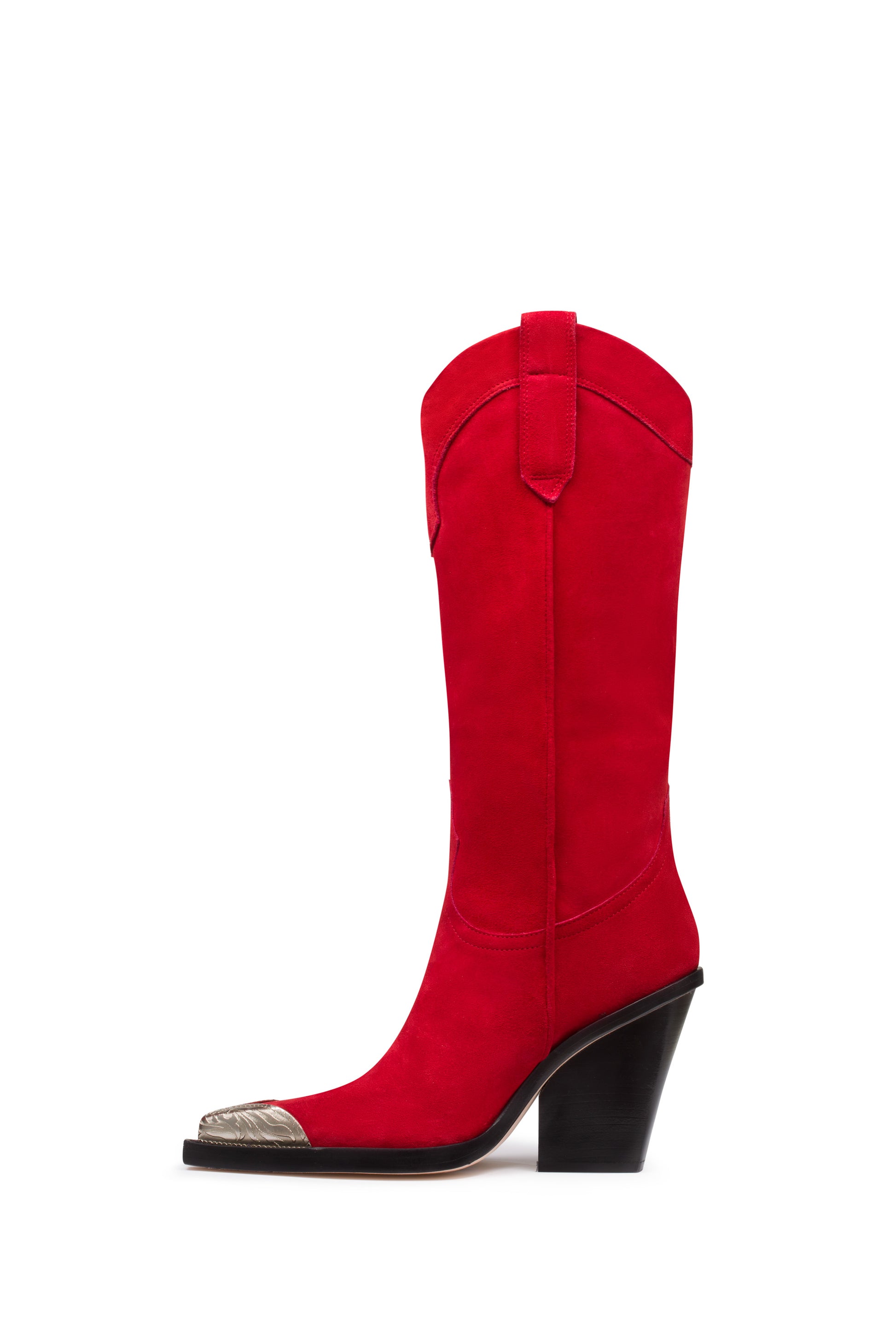 Red calf suede boots with metallic toe - Side